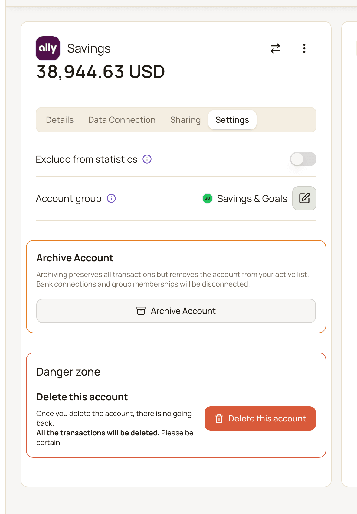 The Settings tab of an account, showing the Exclude from statistics switch, the Account group row, the Archive Account box and the Danger zone box.