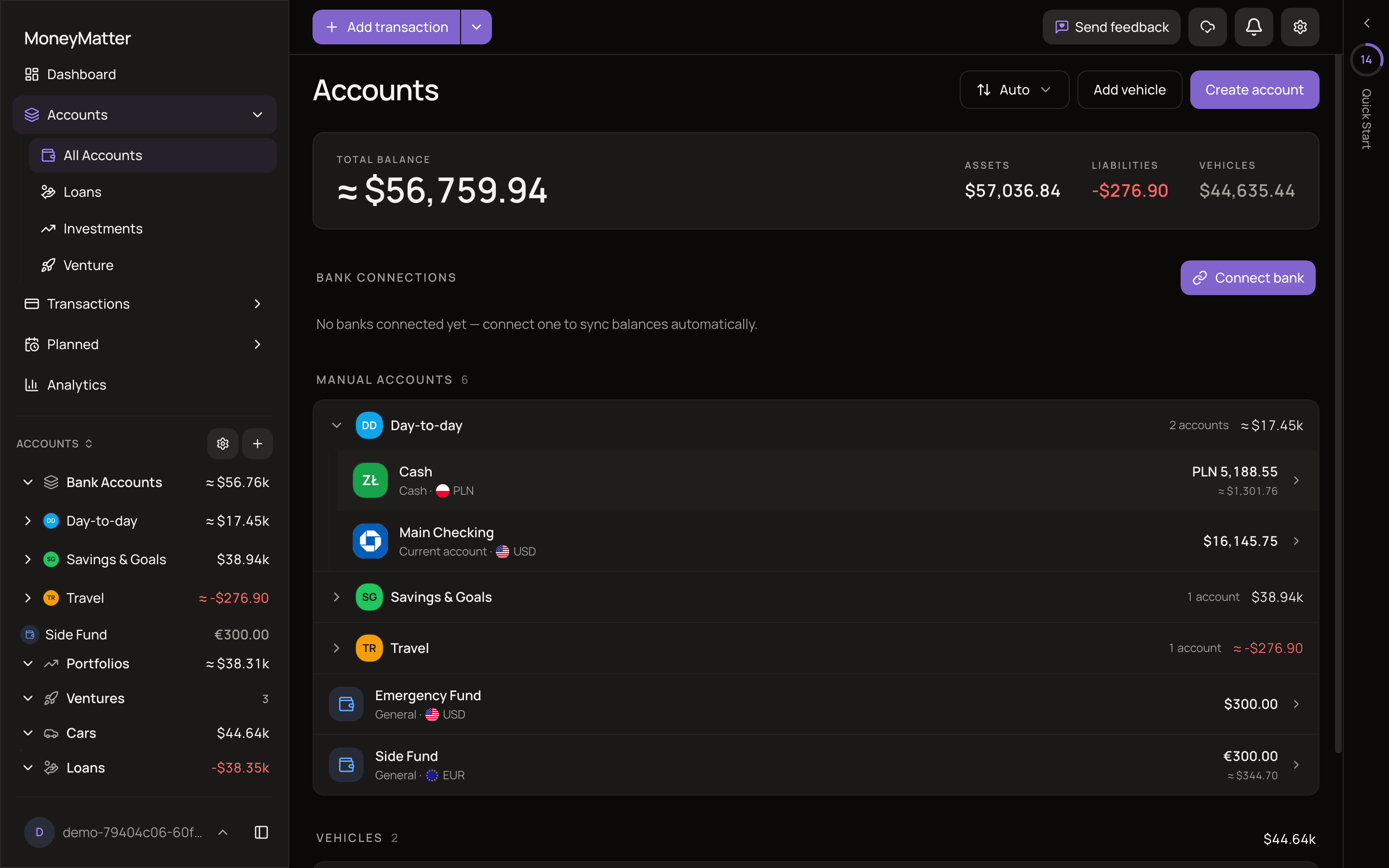 The Accounts page with the Total balance, Assets, Liabilities and Vehicles overview, the empty Bank connections section, a Manual accounts section with one expanded group showing its two accounts plus two ungrouped accounts, and a Vehicles section.