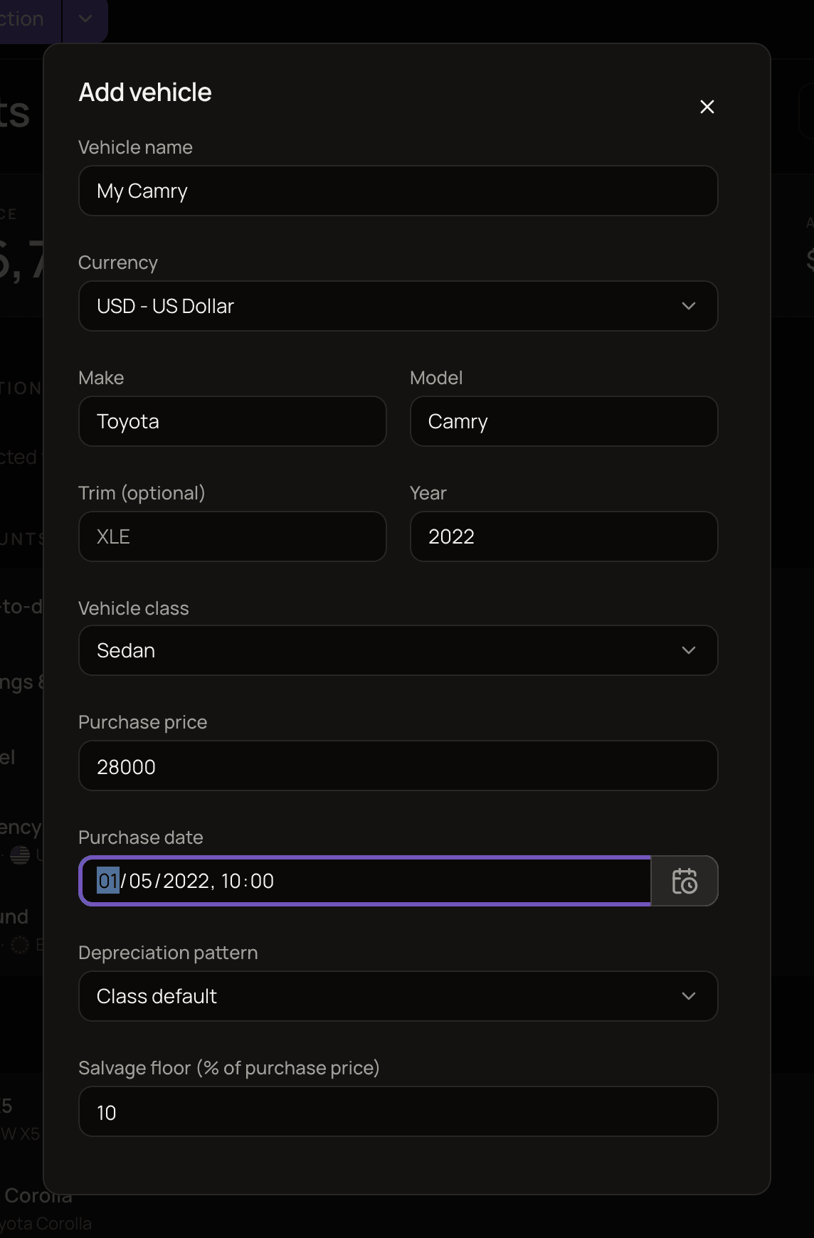 The Add vehicle form filled in for a 2022 Toyota Camry, with the vehicle name, currency, make, model, year, purchase price of 28,000 and purchase date fields, plus the vehicle class, depreciation pattern and salvage floor fields below.