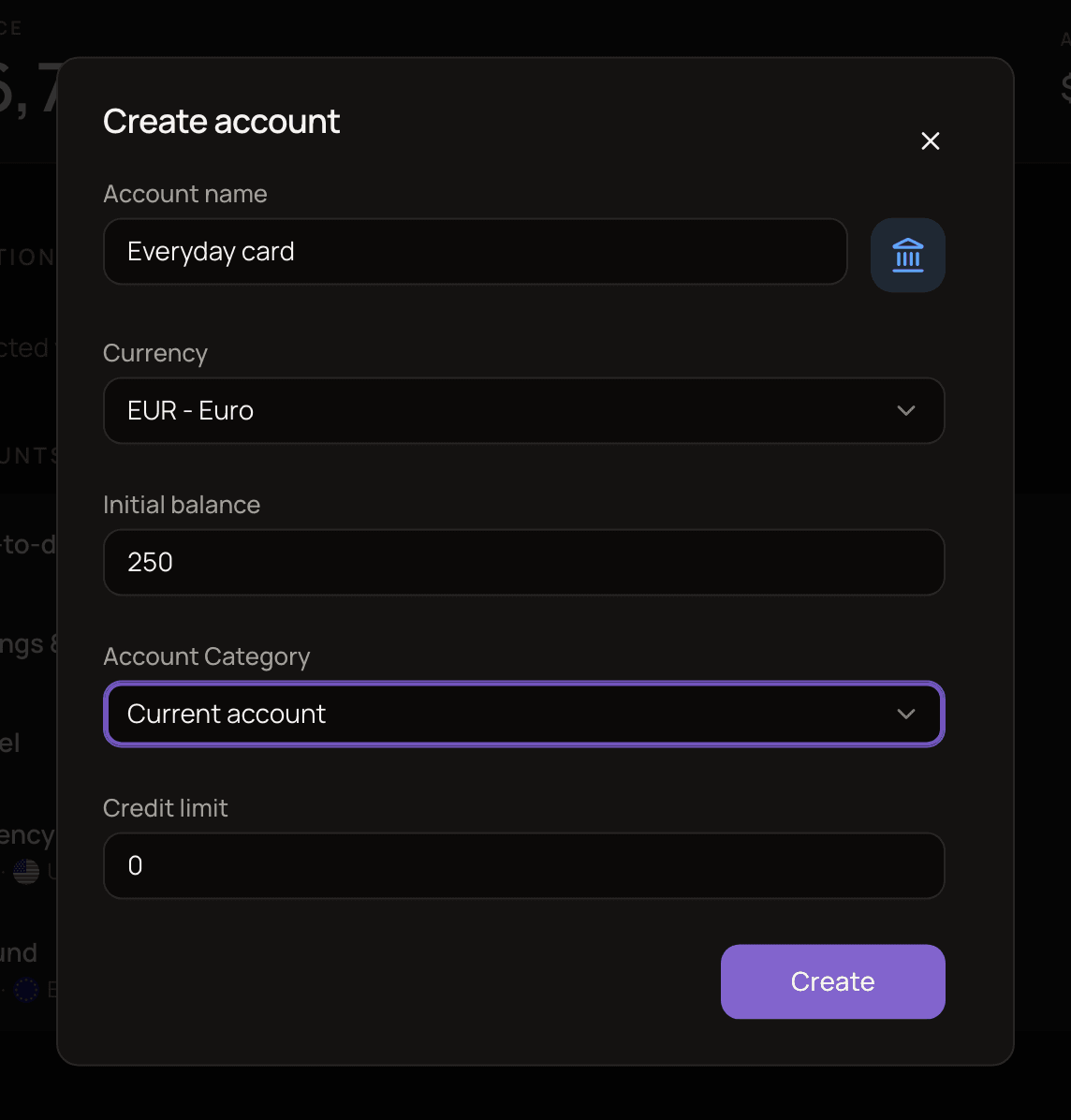The Create account dialog with the Account name, Currency, Initial balance, Account Category and Credit limit fields filled in.