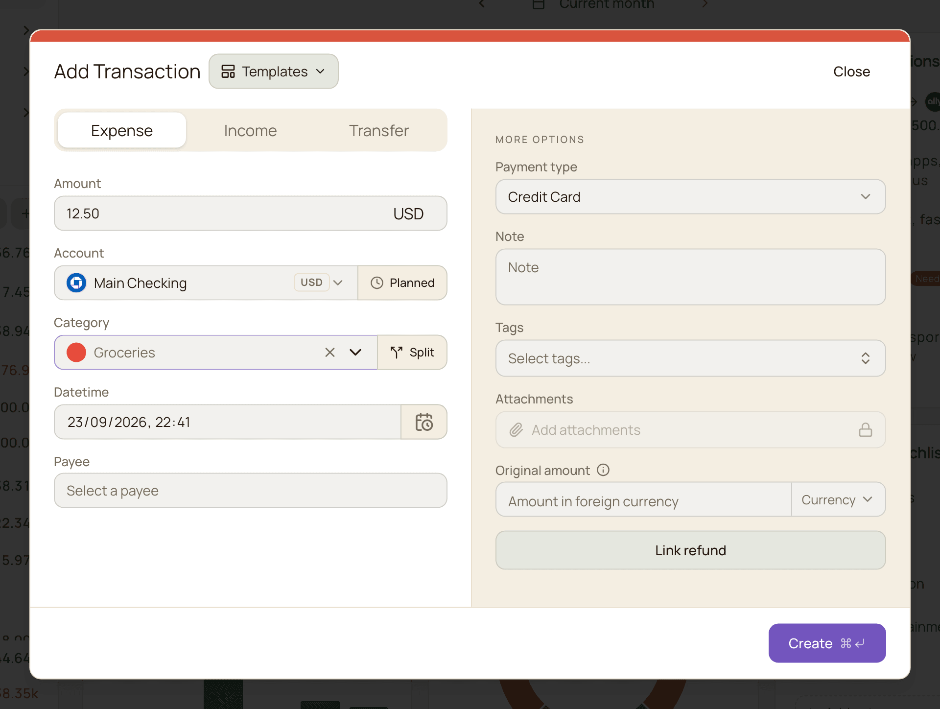The Add Transaction dialog with the Expense tab selected, an amount of 12.50 USD, the Main Checking account and the Groceries category, and the More options column on the right with Payment type, Note and Tags.
