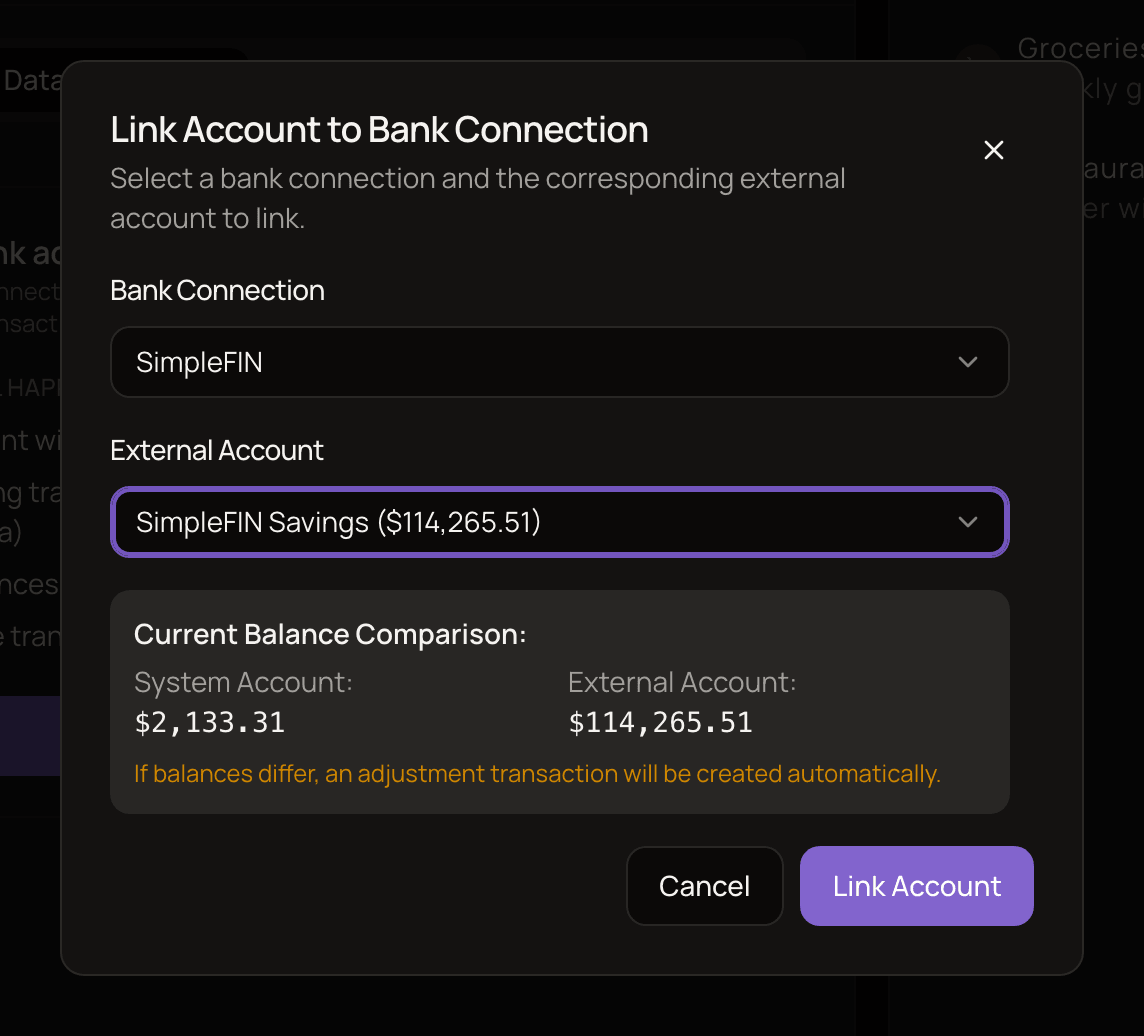 The Link Account to Bank Connection dialog with a bank connection and an external account selected, showing the current balance of both accounts.