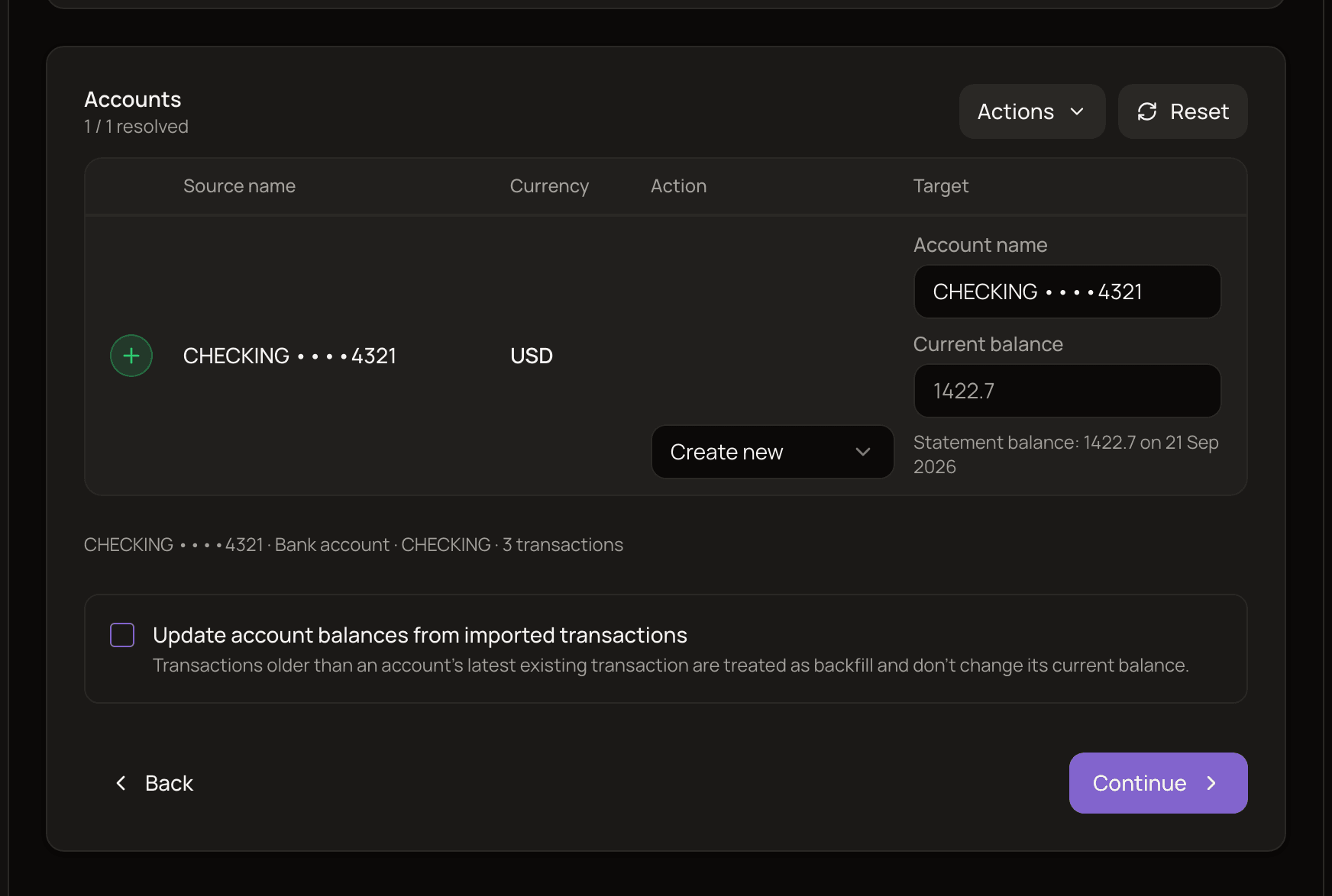 The Map accounts step of the OFX importer, showing an account from the file with its type, transaction count, statement balance, account name and current balance fields.