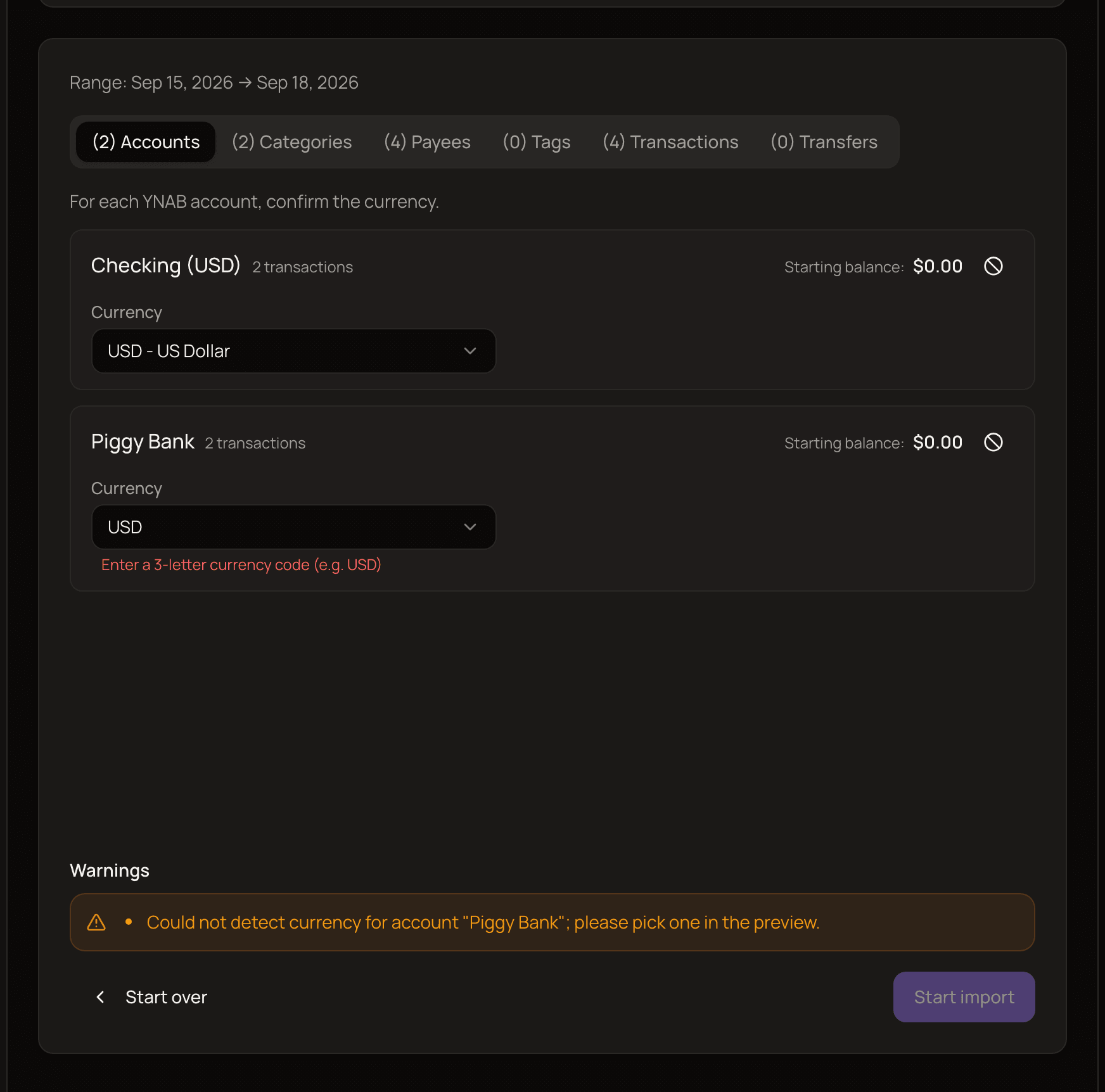 The Review step of the YNAB importer with the Accounts tab open, showing each account's currency field and starting balance.