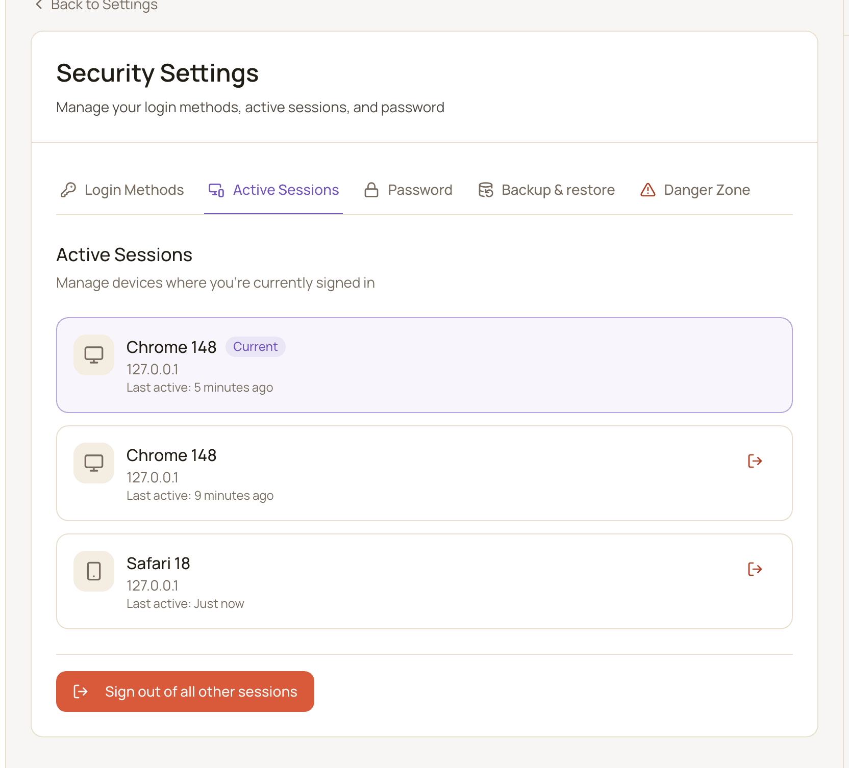 The Active Sessions tab with the current session marked Current, another device below it, and the Sign out of all other sessions button.
