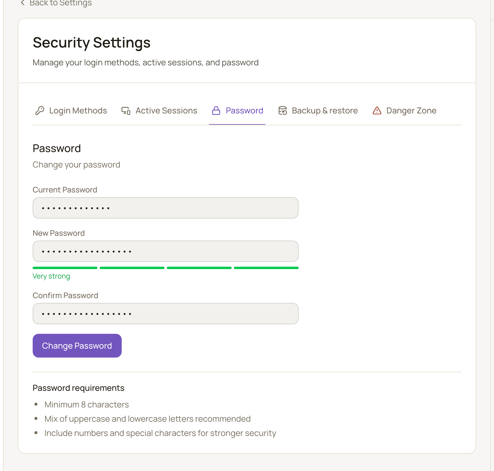 The Password tab with the current, new and confirm password fields filled in, the strength meter, and the password requirements box.