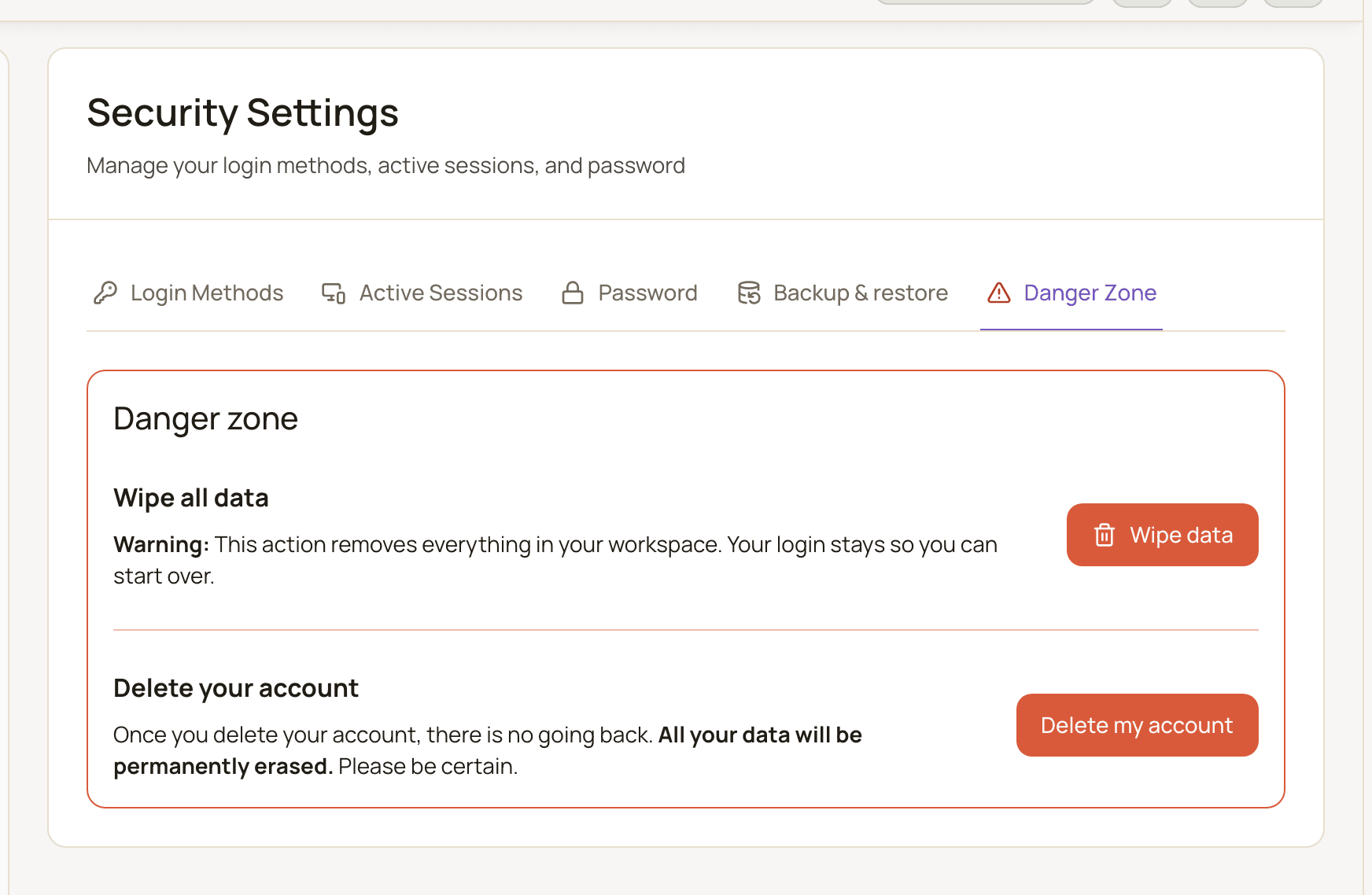 The Danger Zone tab with the Wipe all data section and the Delete your account section.