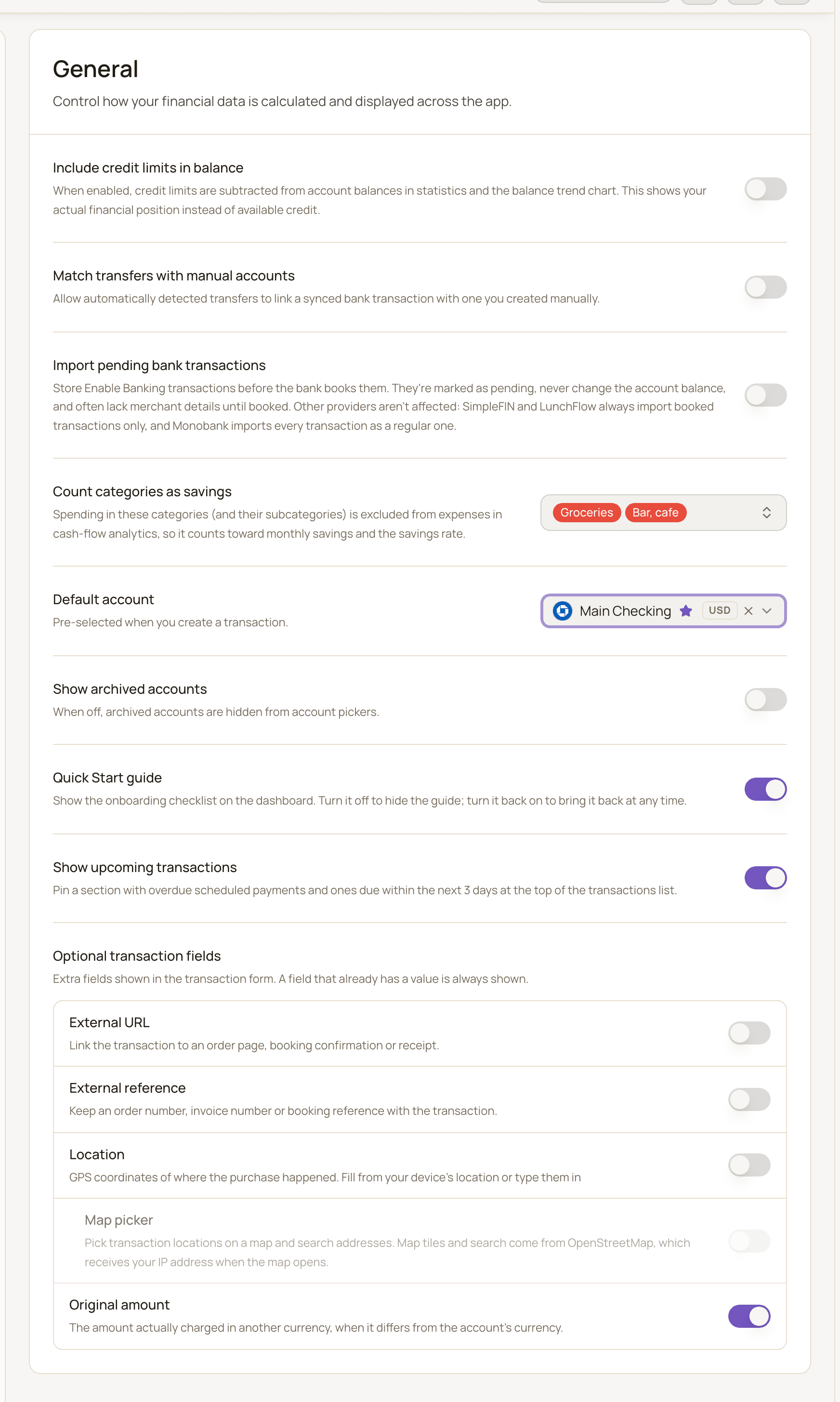 The General settings page with the balance, savings, account picker, Quick Start and optional transaction field options.