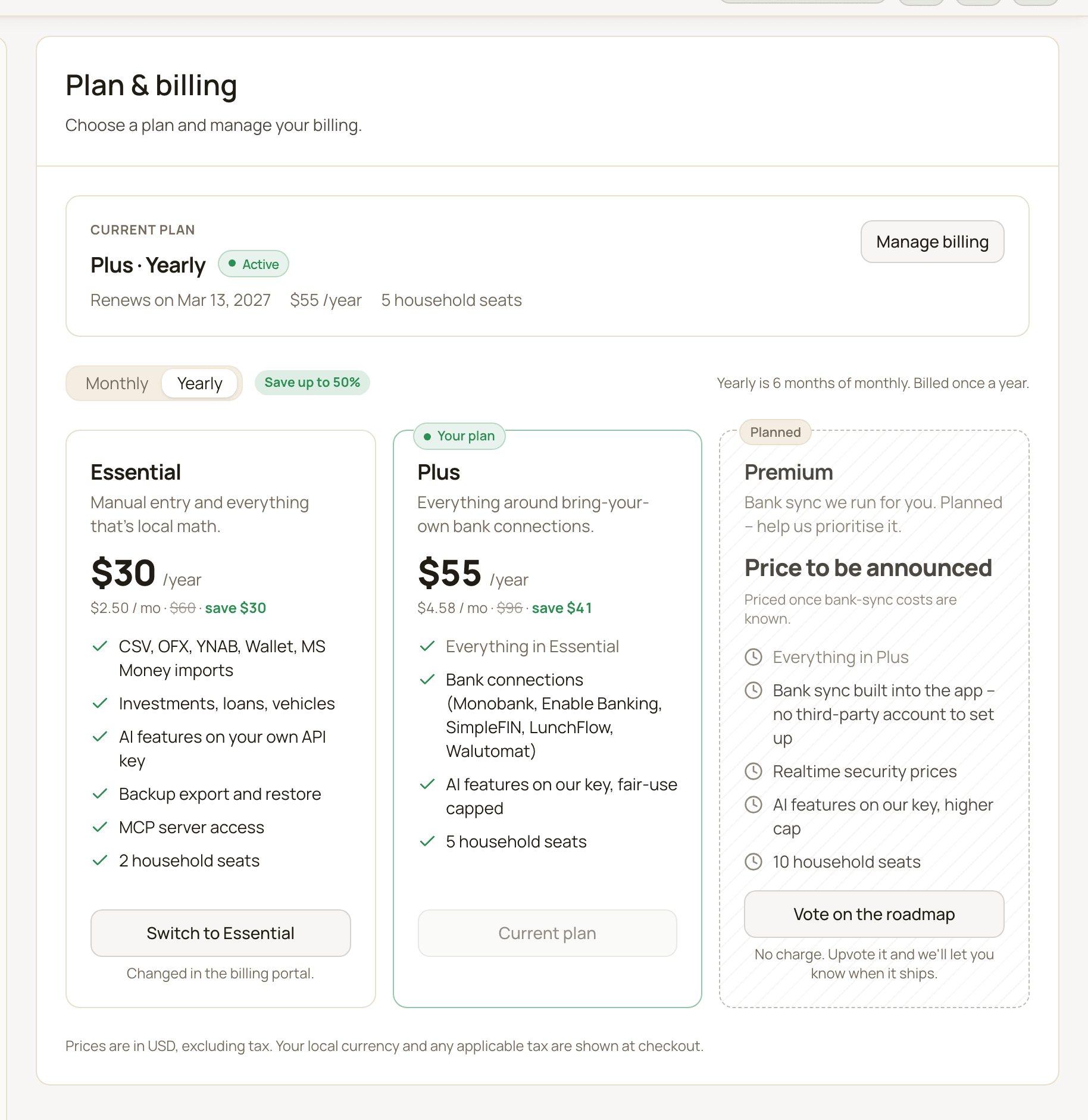 The Current plan box for an active Plus Yearly subscription, with the Manage billing button and the Plus card marked Your plan.