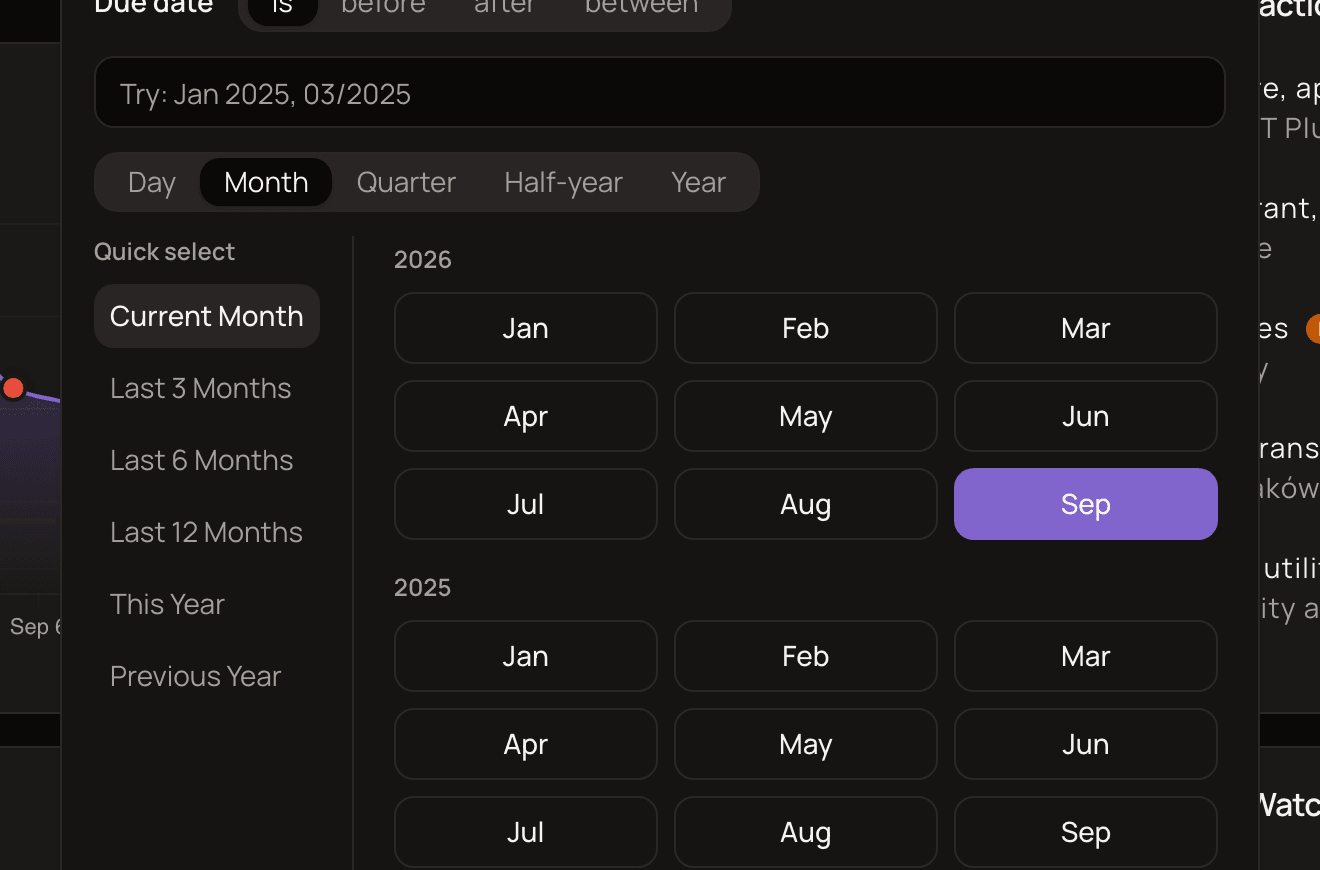 The dashboard's date picker open, showing the preset list and the Day, Month, Quarter, Half-year and Year options.