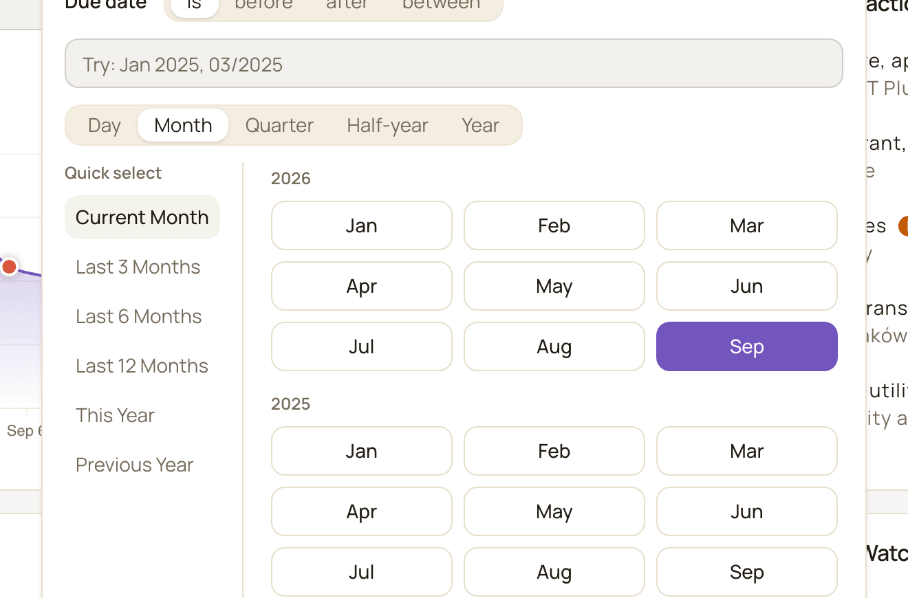 The dashboard's date picker open, showing the preset list and the Day, Month, Quarter, Half-year and Year options.