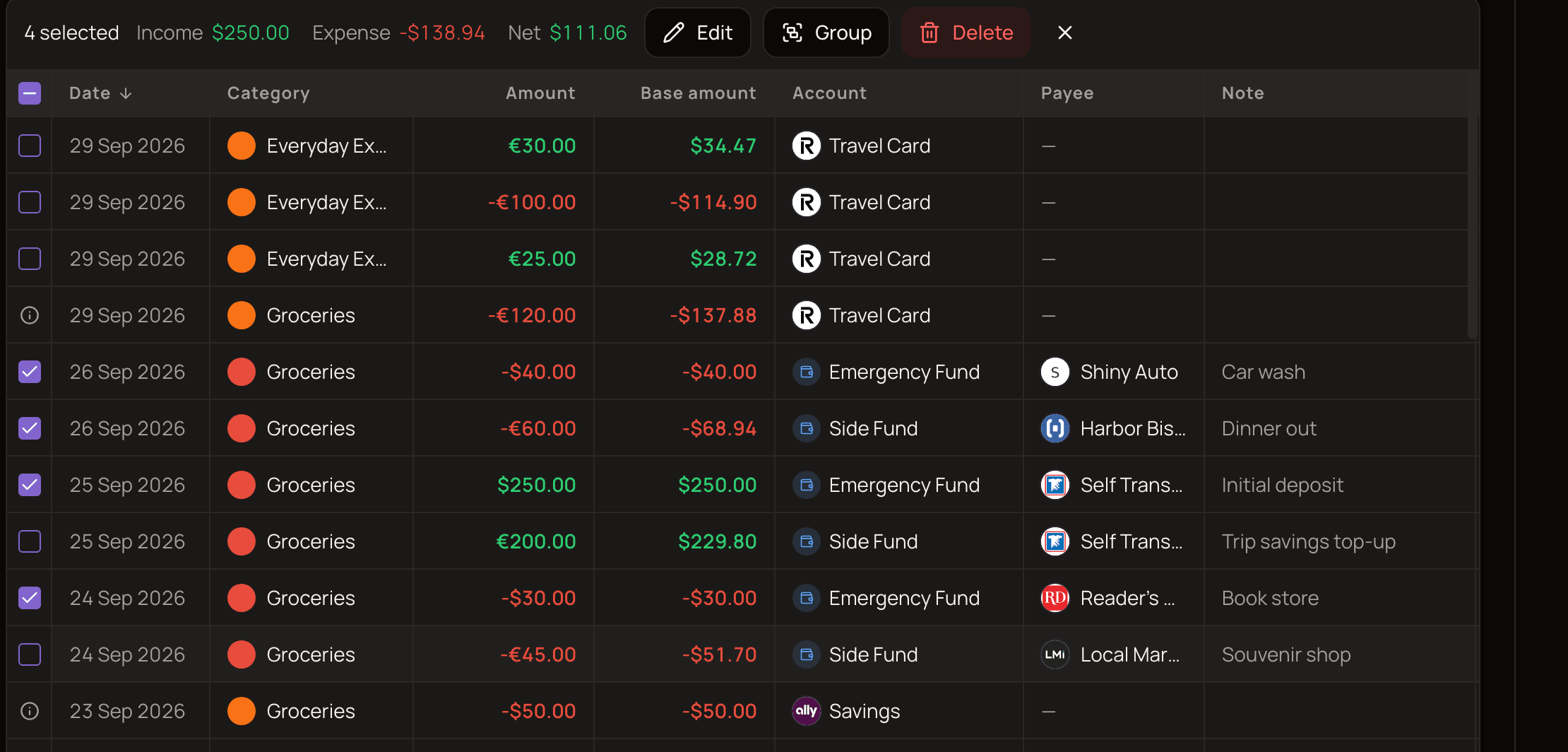 Four selected transactions (3 expenses, 1 income) with the selection bar showing Income, Expense and Net totals and the Edit, Group and Delete buttons.