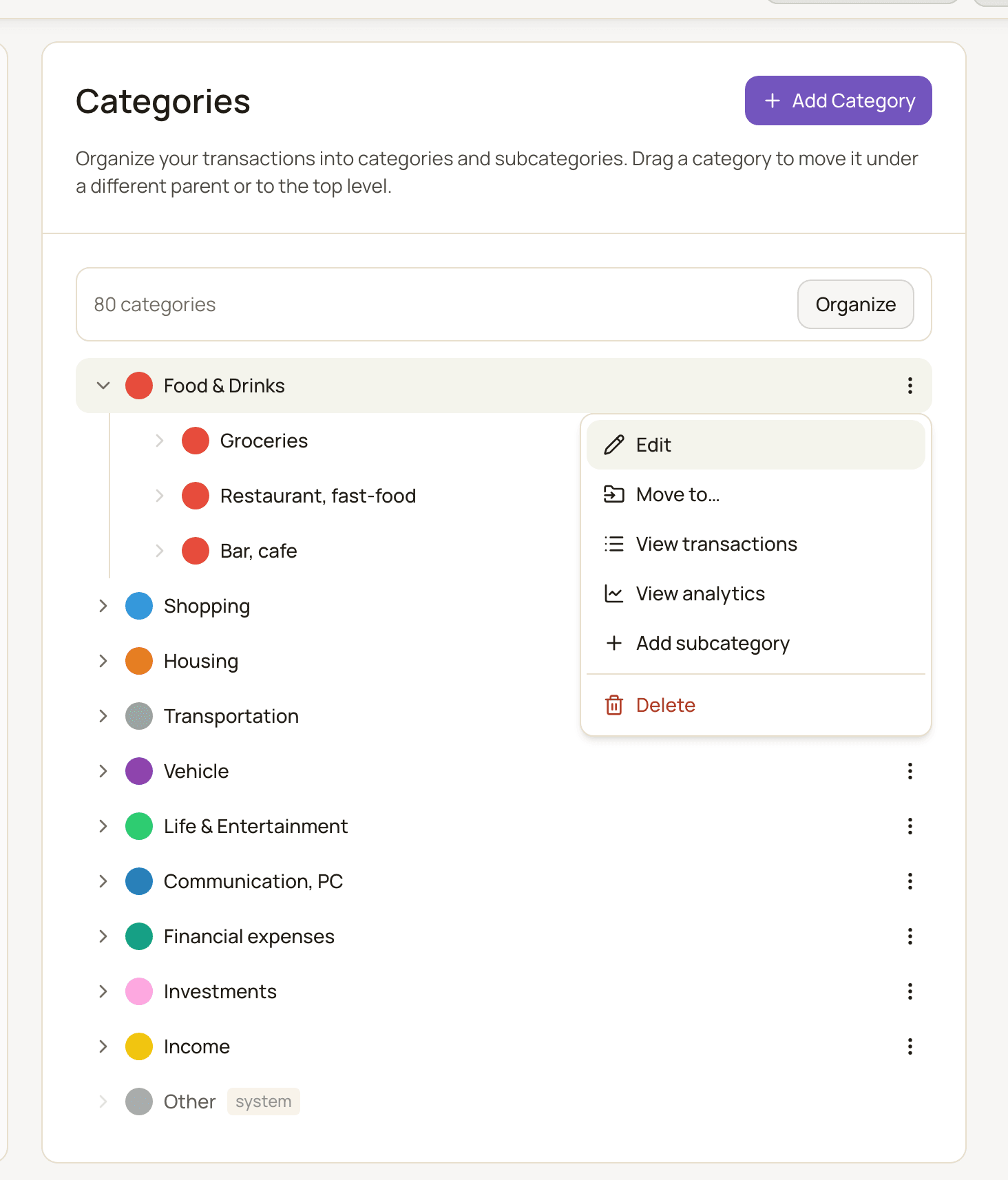 The Categories settings page with Food & Drinks expanded to show its subcategories, the menu of one category open, and the Other category marked as system.