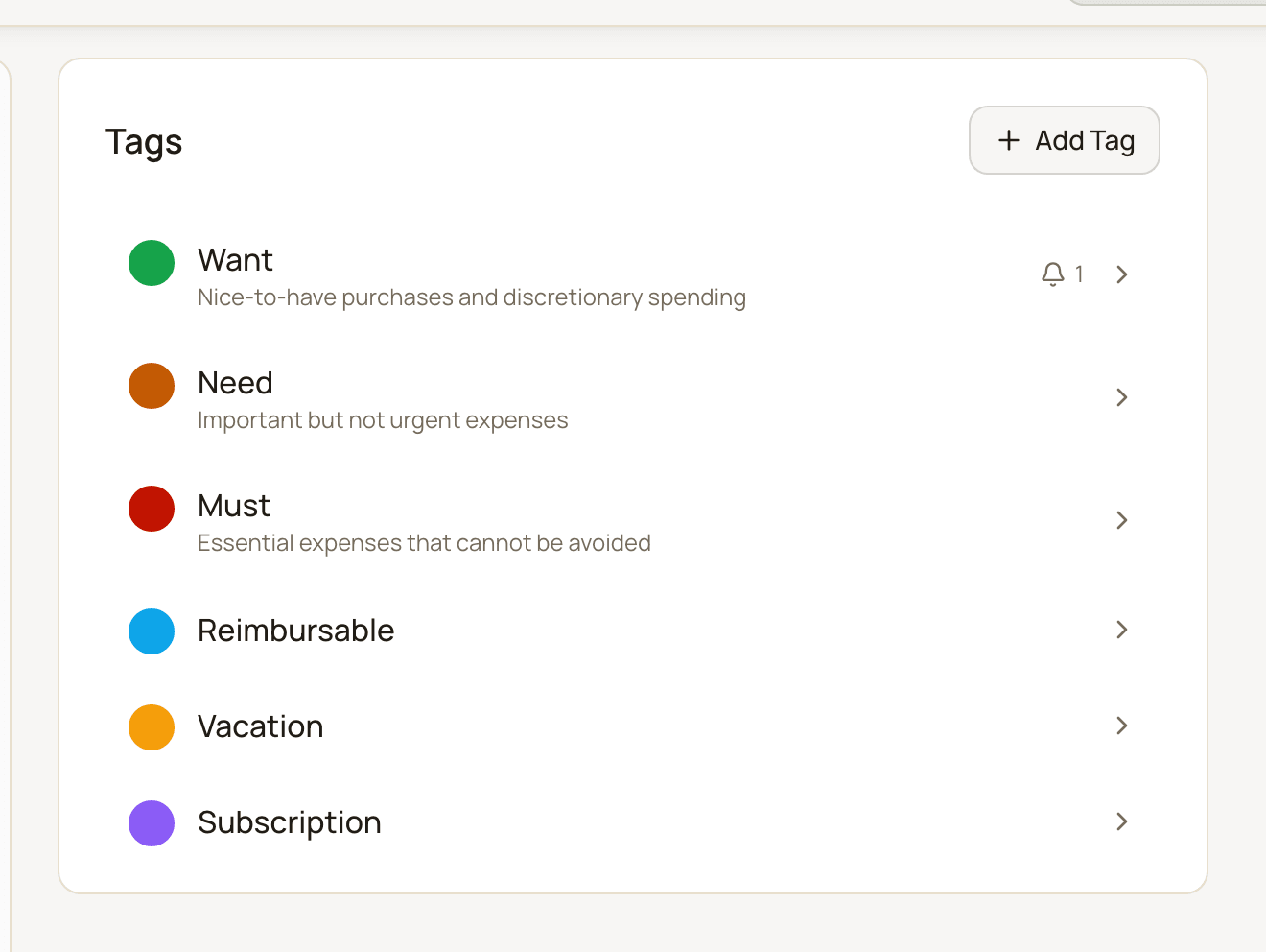 The Tags settings page listing Want, Need and Must, with one tag showing a bell icon and a reminder count.