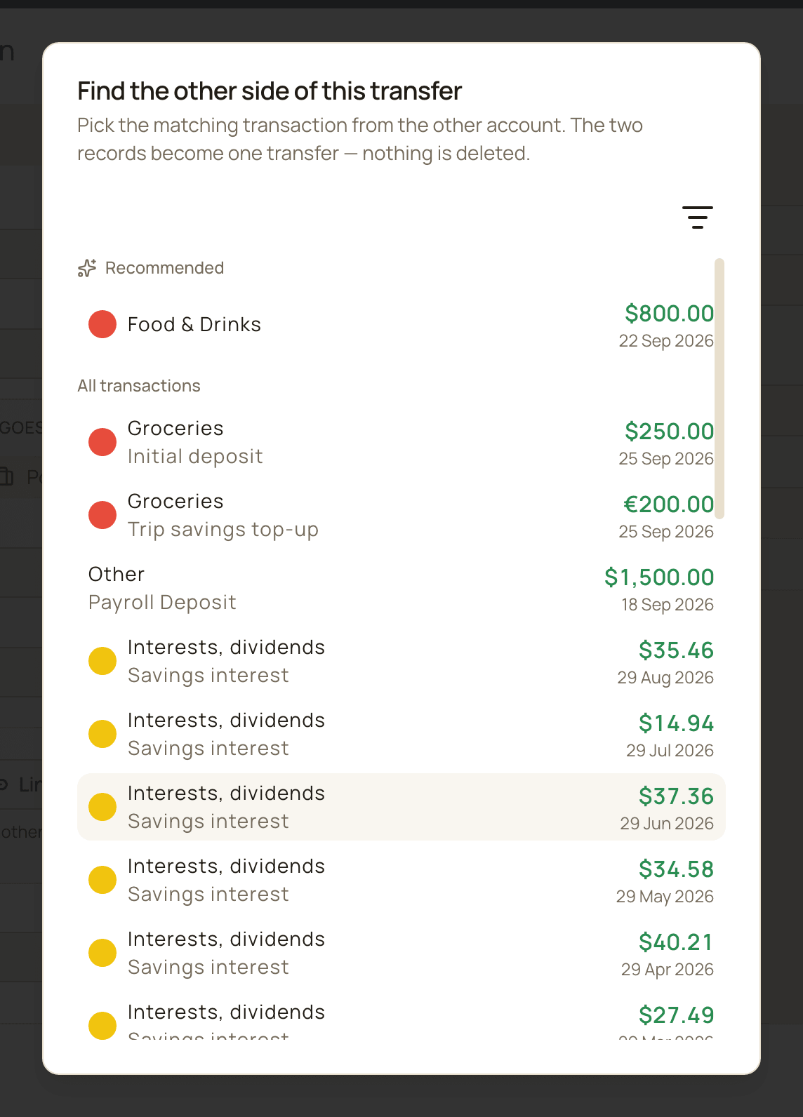 The Find the other side of this transfer dialog, with a Recommended section containing one matching income and an All transactions section below it.