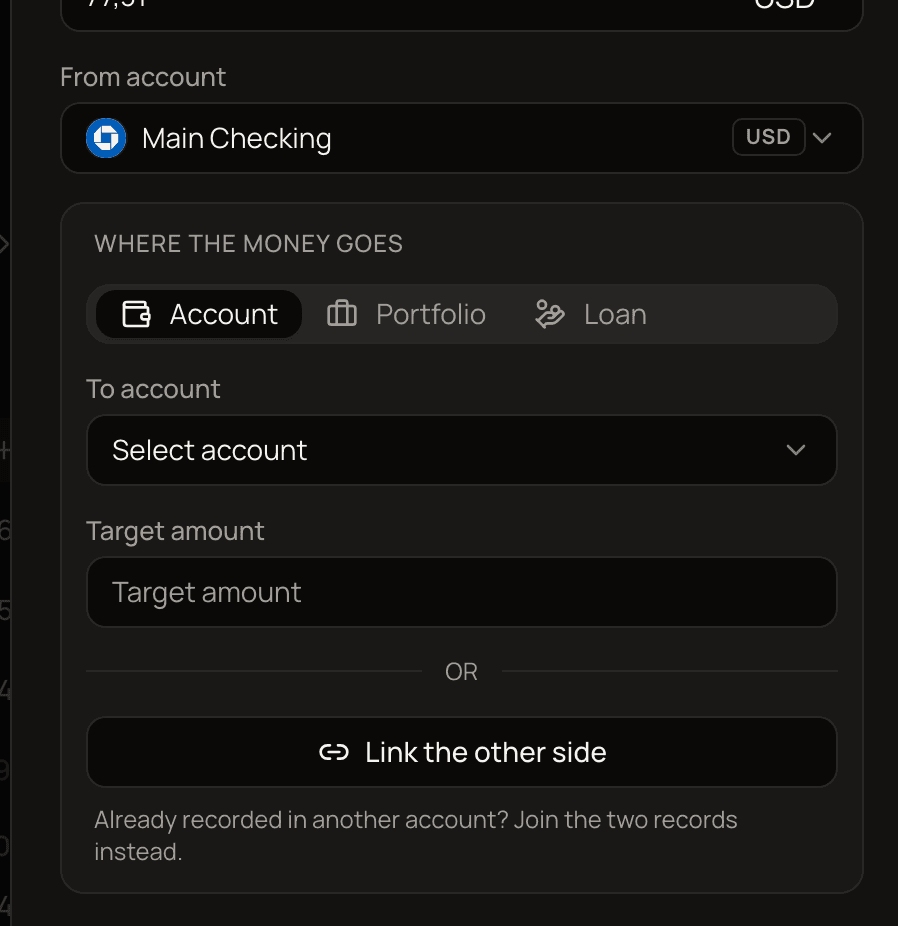The Where the money goes panel of a regular expense switched to the Transfer tab, showing the or divider, the Link the other side button and the hint below it.