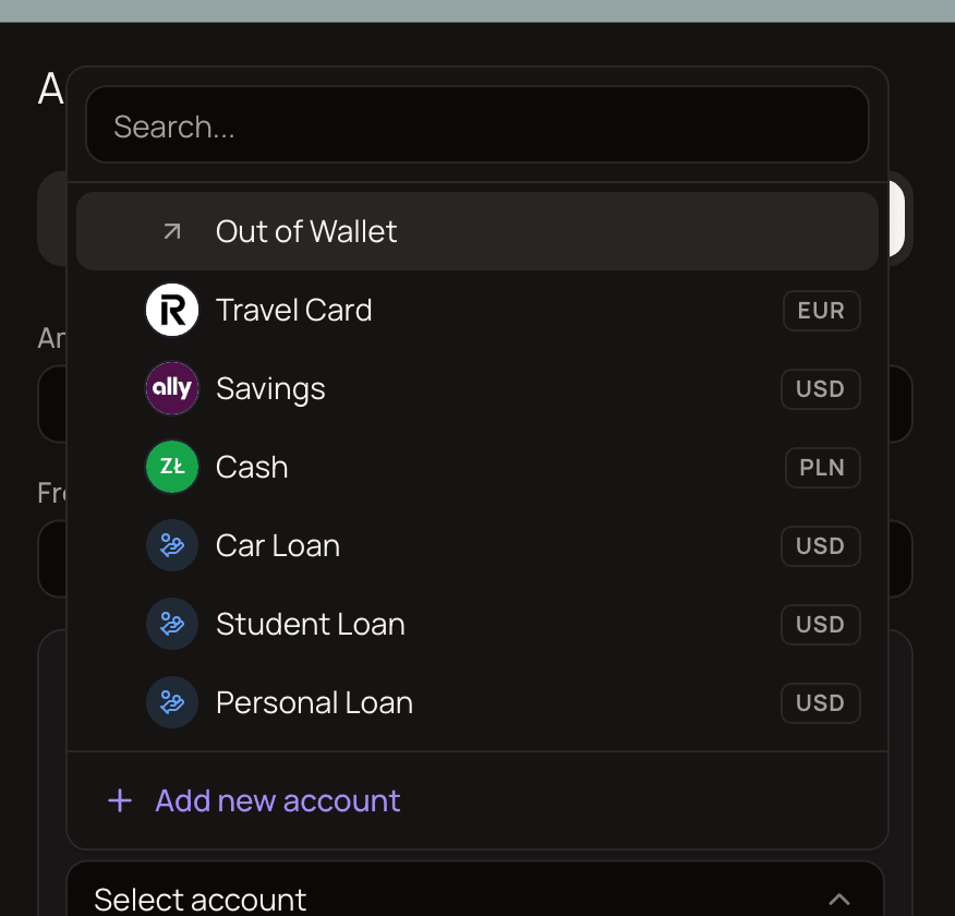 The To account dropdown open on the Transfer tab, with Out of Wallet listed first above the user's accounts and loans.