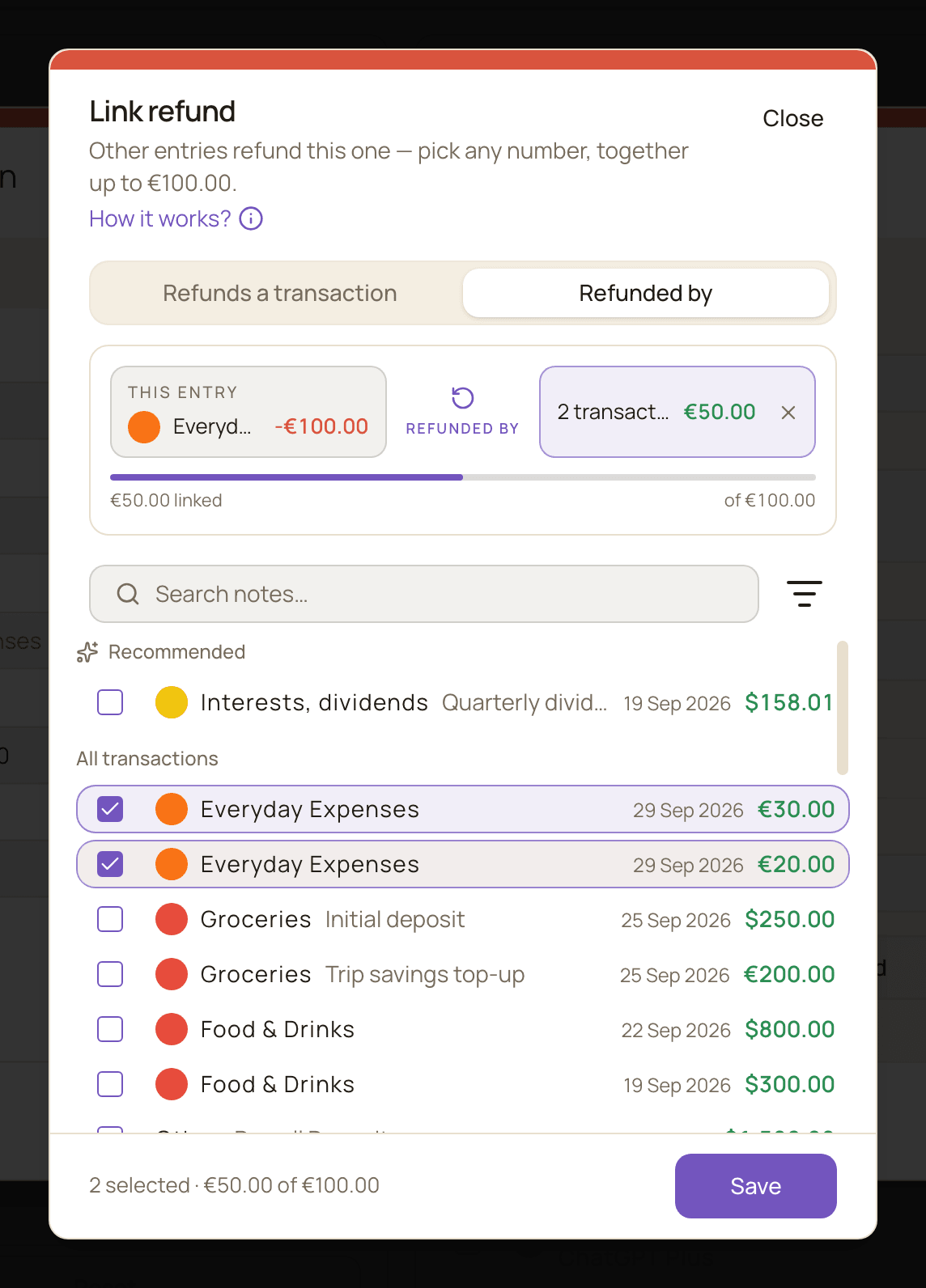 The Link refund dialog on the Refunded by tab, with two incomes of 20 and 30 selected and the footer reading 2 selected, €50.00 of €100.00, next to the Save button.